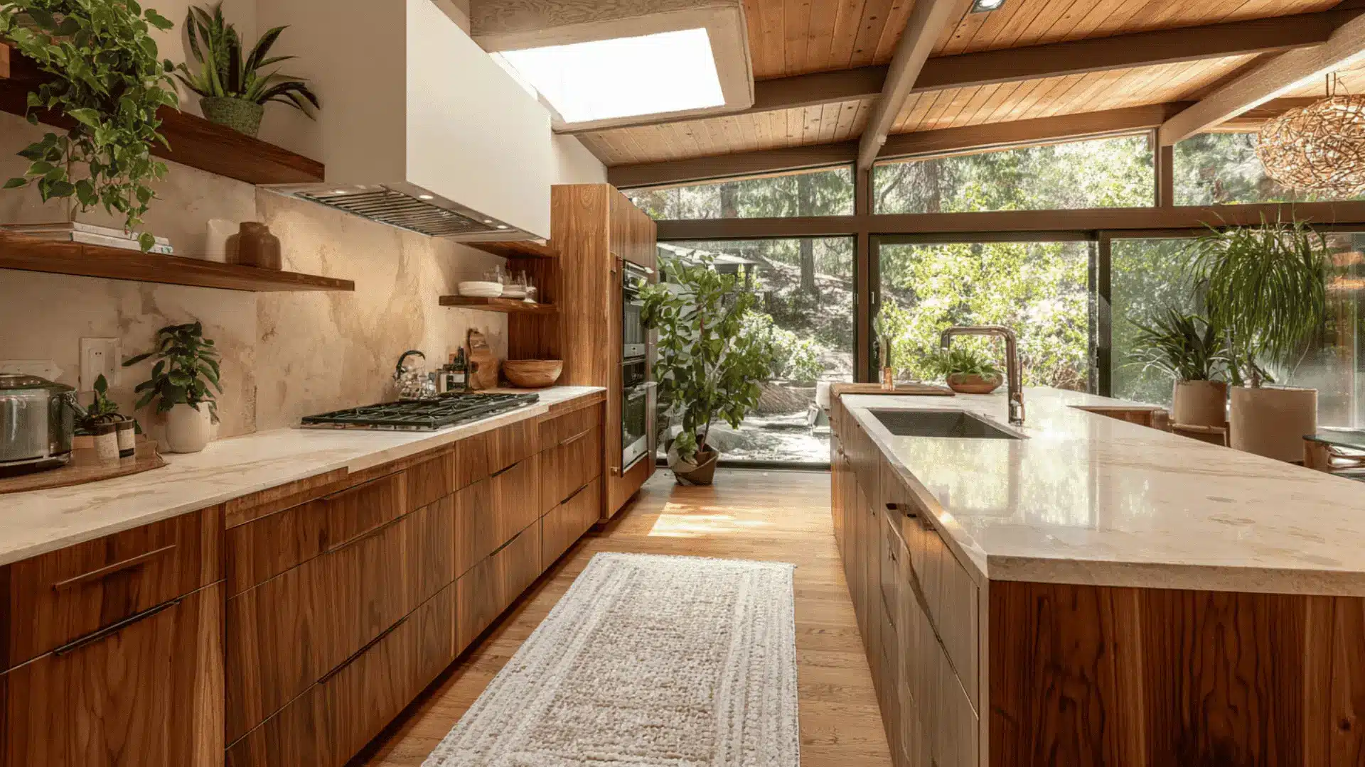 mid century modern kitchen flat panel cabinets no upper units open walls and natural light