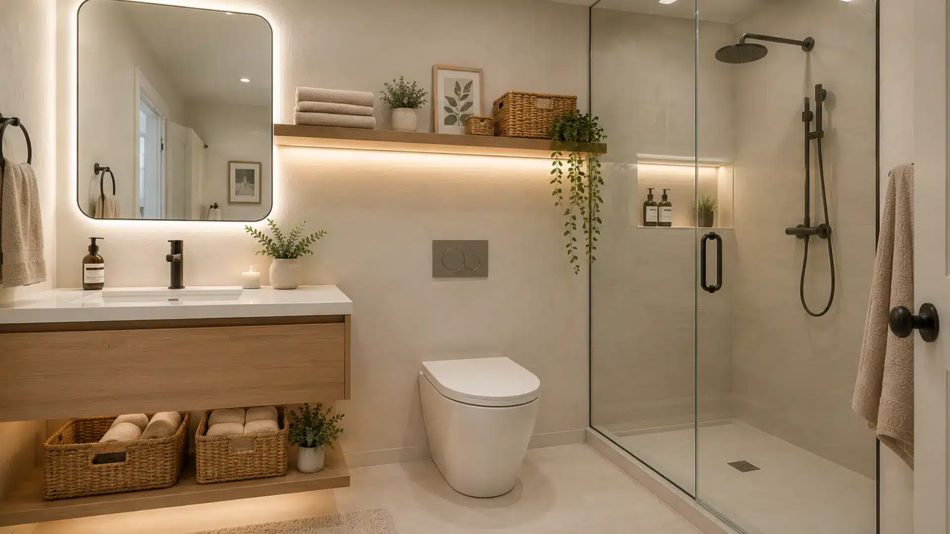 Floating vanity bathroom with hidden storage baskets and warm neutral lighting