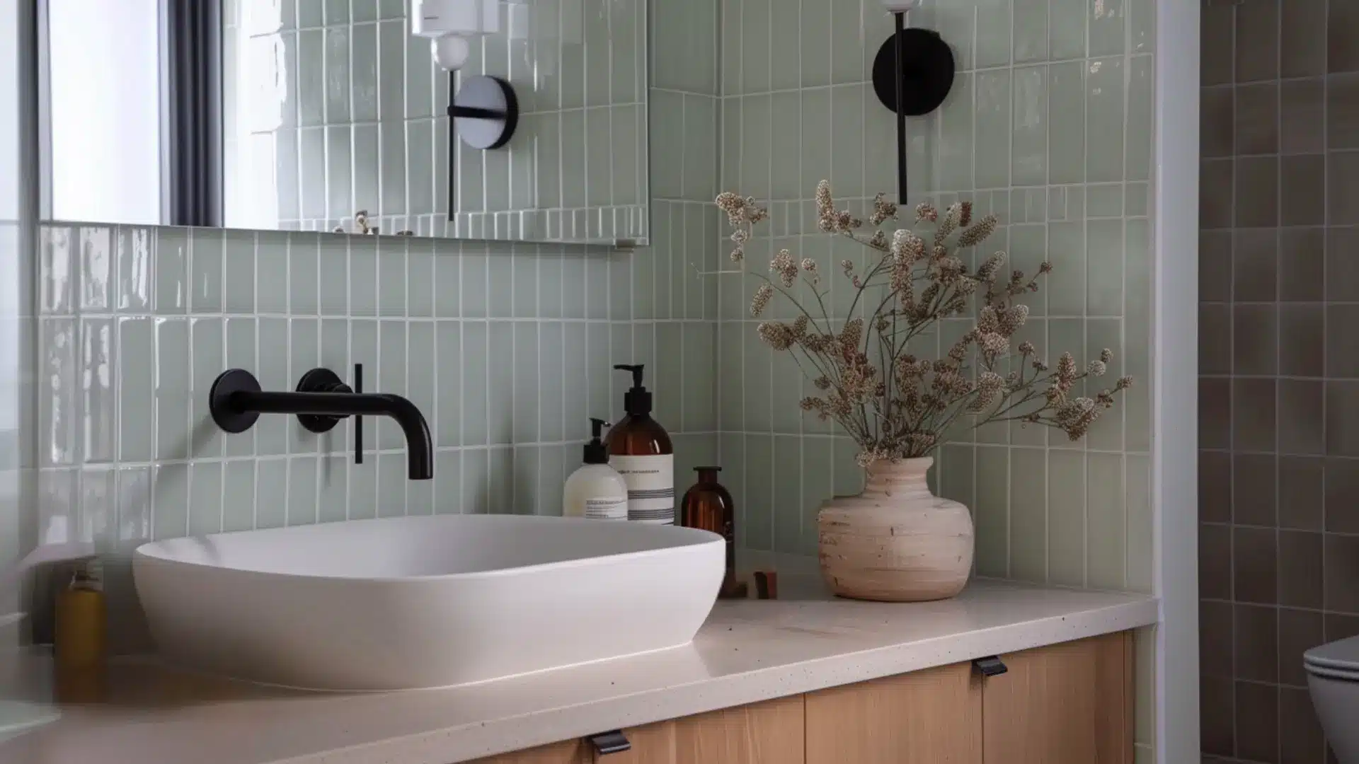 Small bathroom with floor to ceiling vertical tile feature wall and floating vanity