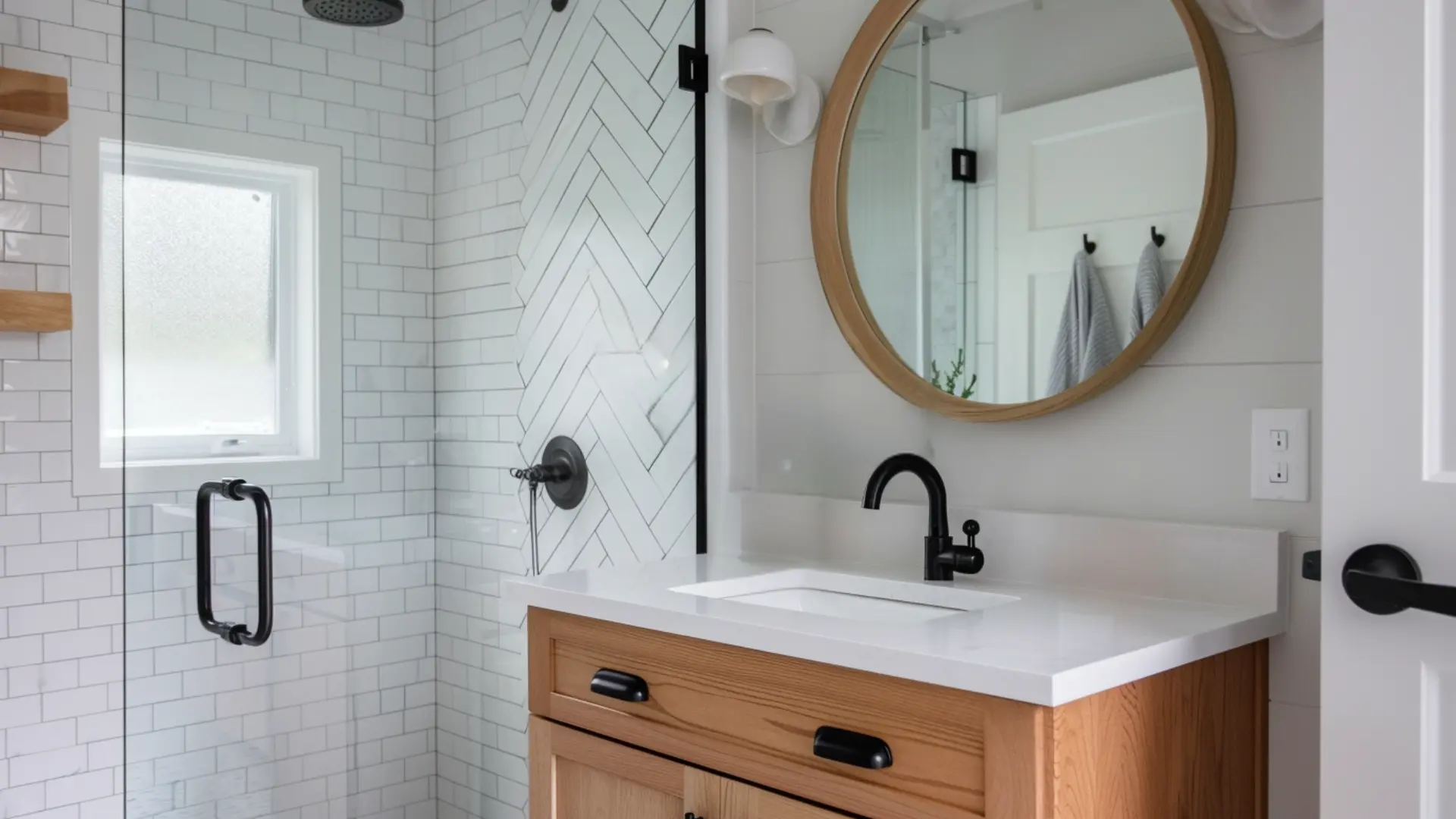 Modern bathroom with frameless glass shower partition and floating vanity