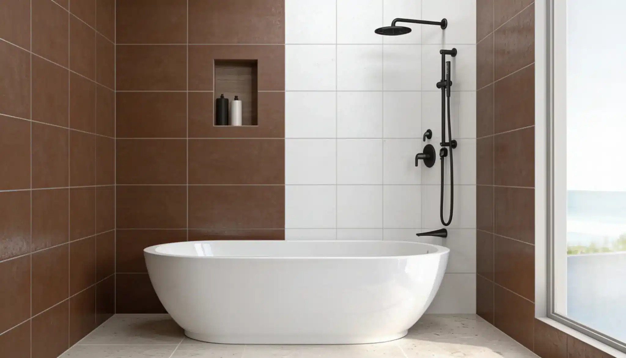A modern bathroom featuring a white freestanding tub and a black shower fixture against brown and white tiled walls.