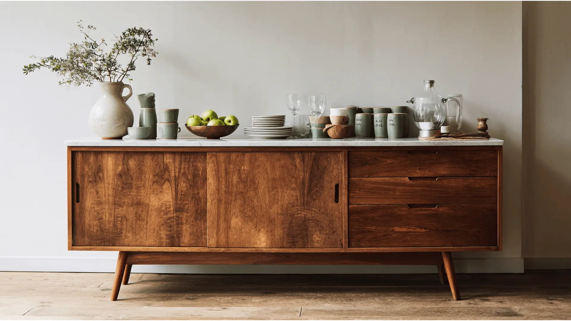 mid century modern kitchen freestanding credenza solid wood legs extra storage and vintage provenance