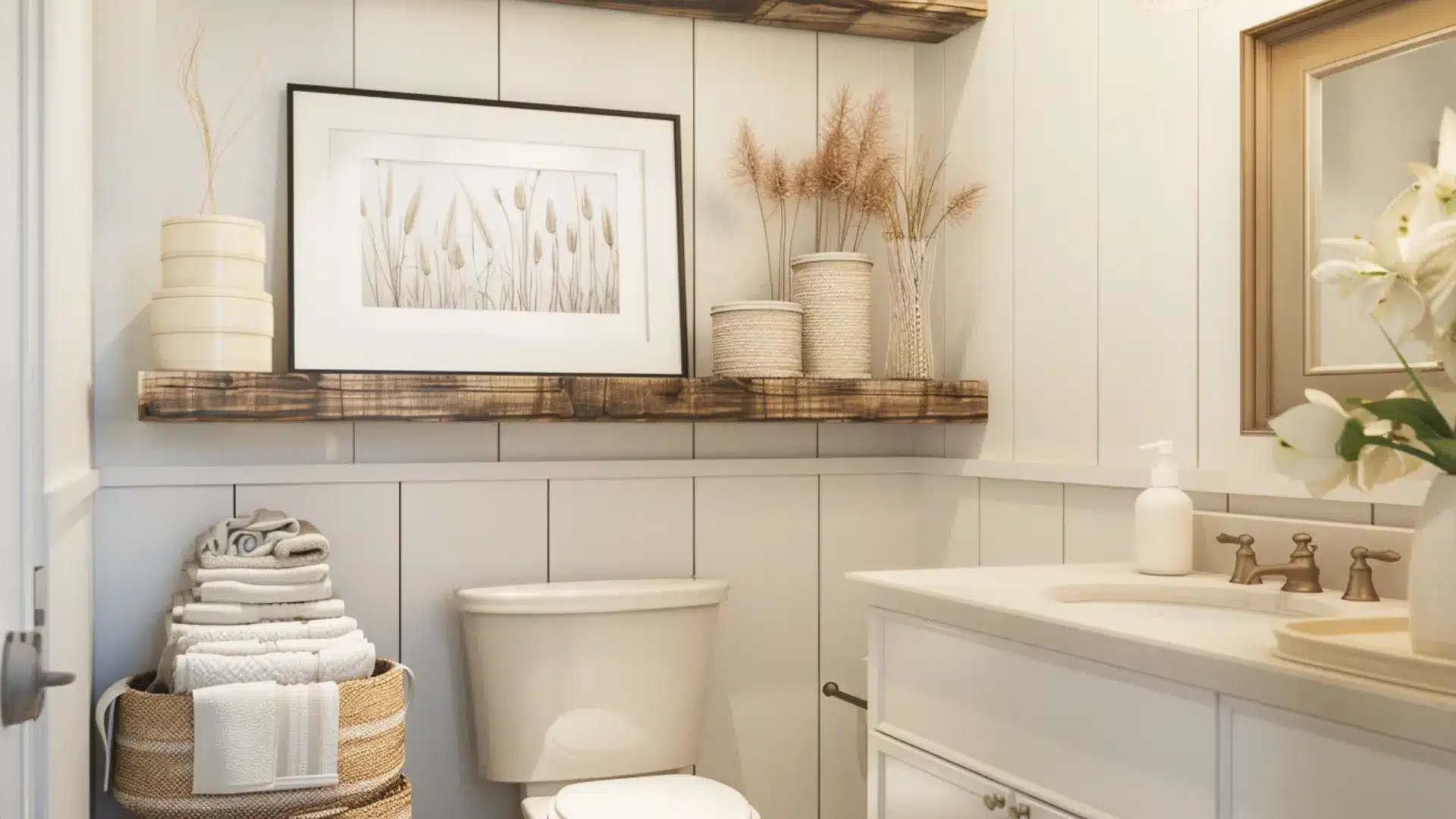 Bathroom with floating shelf above toilet and woven basket storage