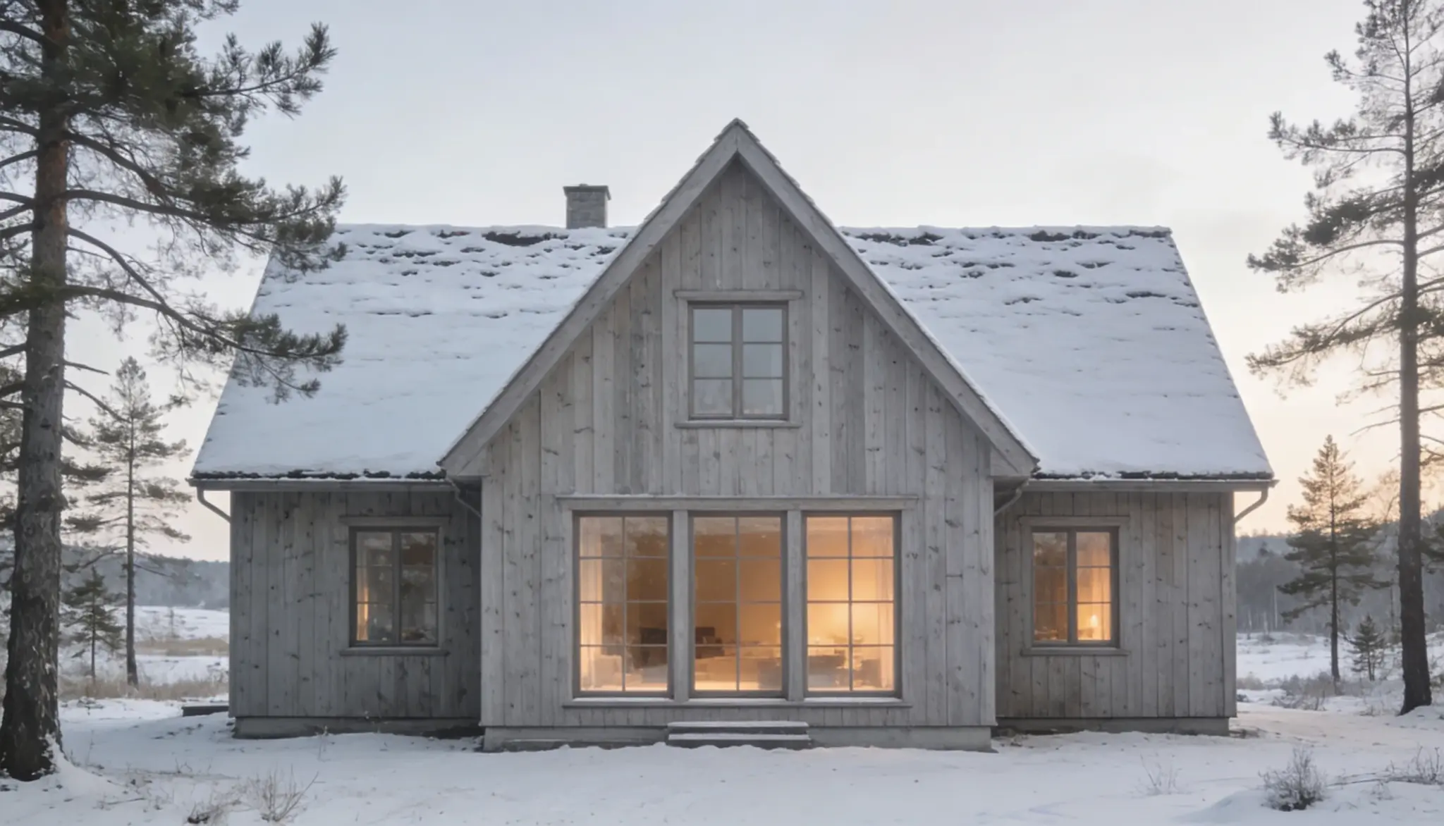 shows a cozy, snow-covered wooden cottage with warm glowing lights inside