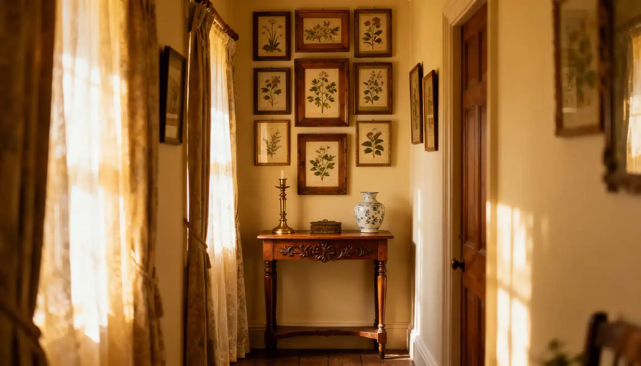 Hallway of an English cottage with a table and vintage pictures adorning the walls