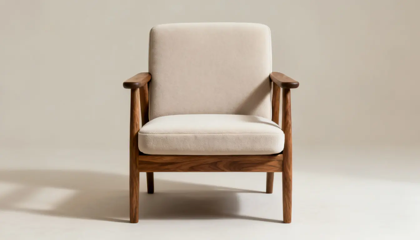 Modern armchair with a light beige upholstered seat and backrest on a dark wood frame.