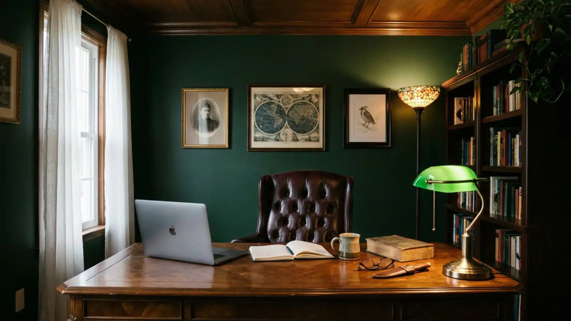 dark academia home office green walls leather chair wooden desk green lamp bookshelves