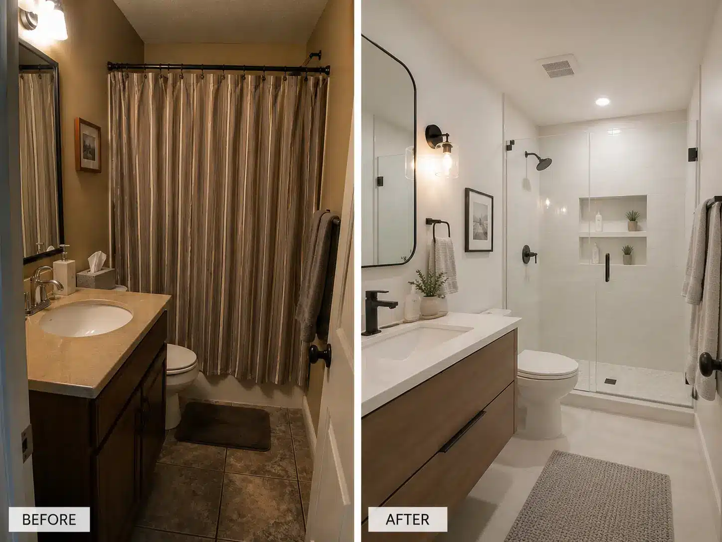 Floating vanity bathroom with hidden storage baskets and warm neutral lighting