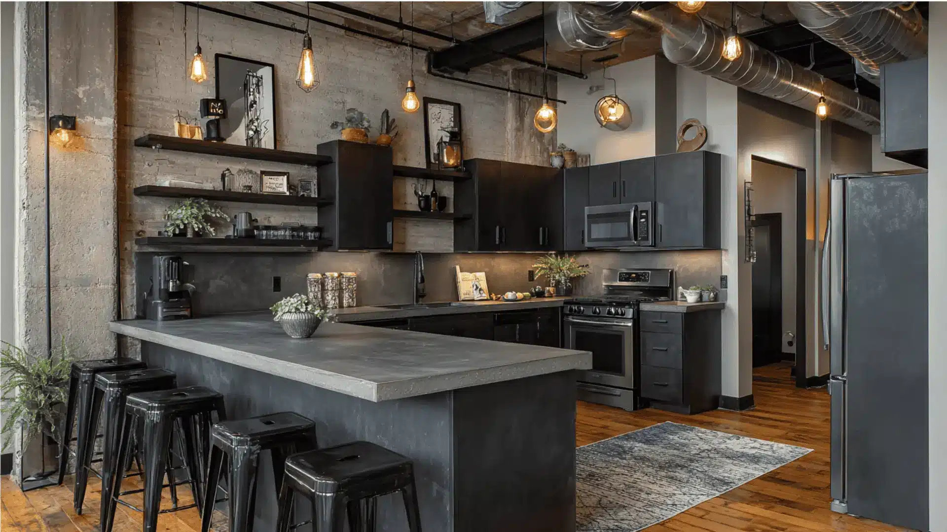 industrial <echighlighted>u shaped kitchen</echighlighted> dark matte cabinets concrete countertops exposed pipes Edison bulb pendants and open shelving