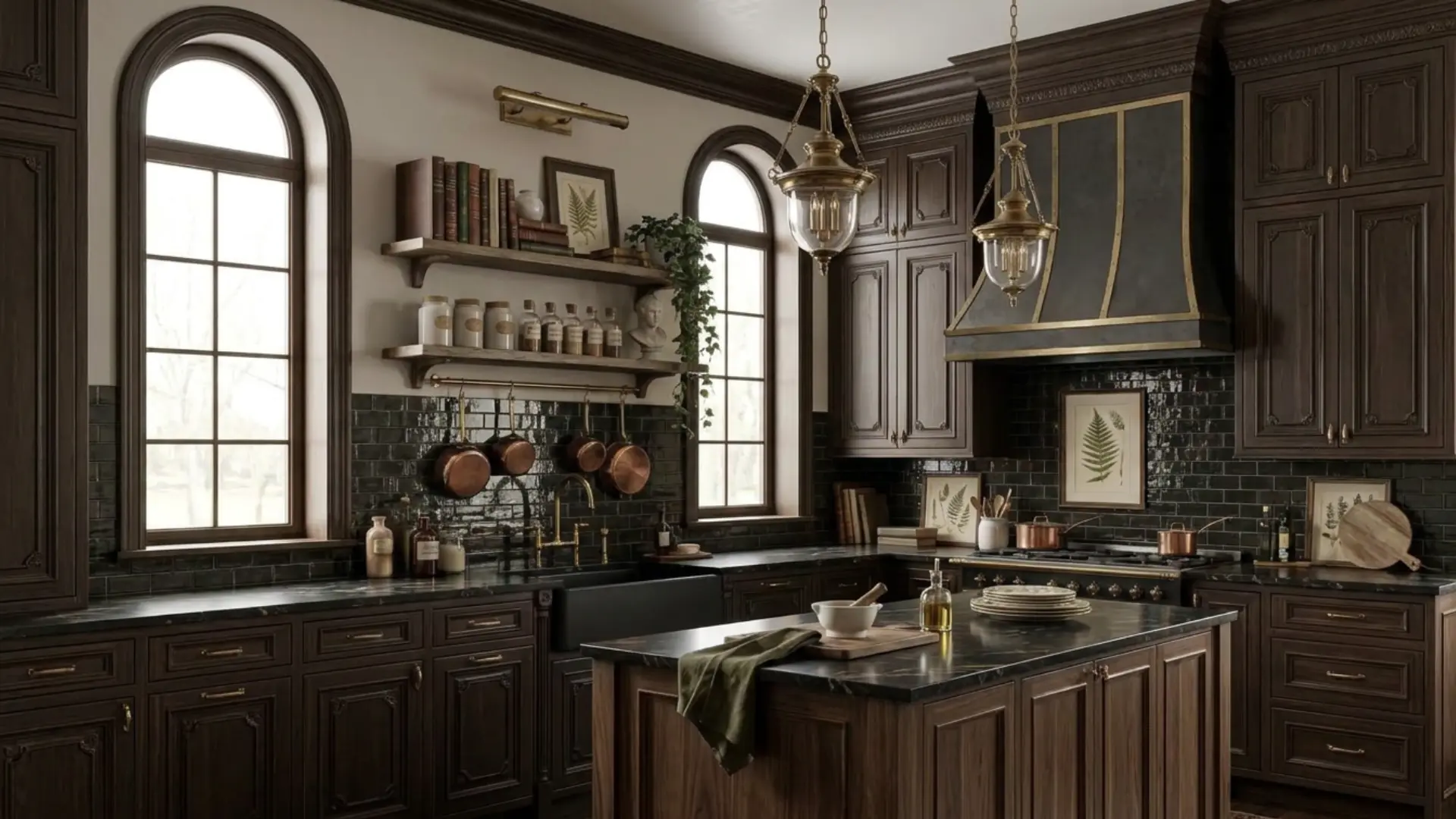 dark academia kitchen dark wood cabinets stone countertops hanging cookware arched windows