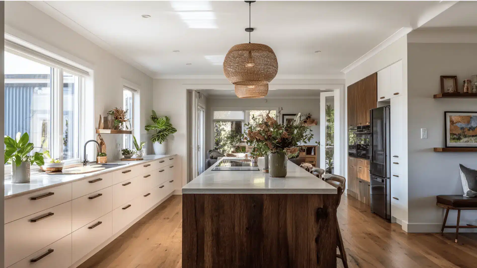 modern <echighlighted>u shaped kitchen</echighlighted> white cabinets walnut island rattan pendant light wood floors and indoor plants