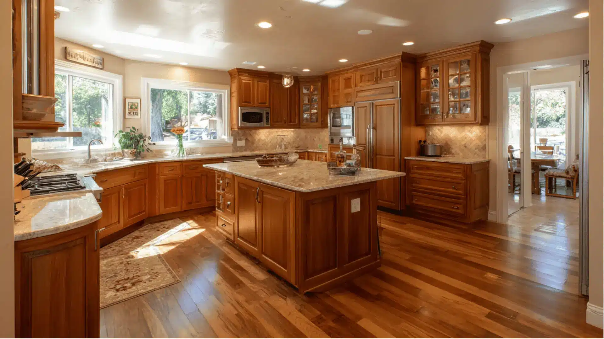 u shaped kitchen walnut cabinets granite countertops herringbone backsplash center island and hardwood floors