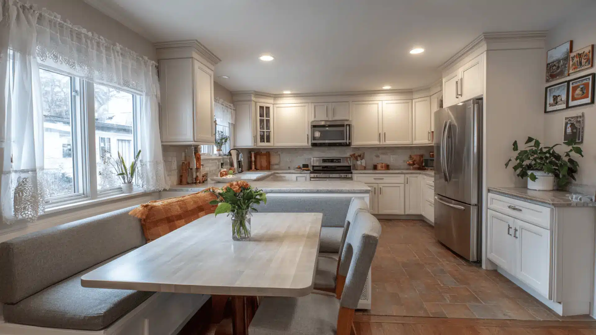 u shaped kitchen counter cream cabinets wood floors and natural light