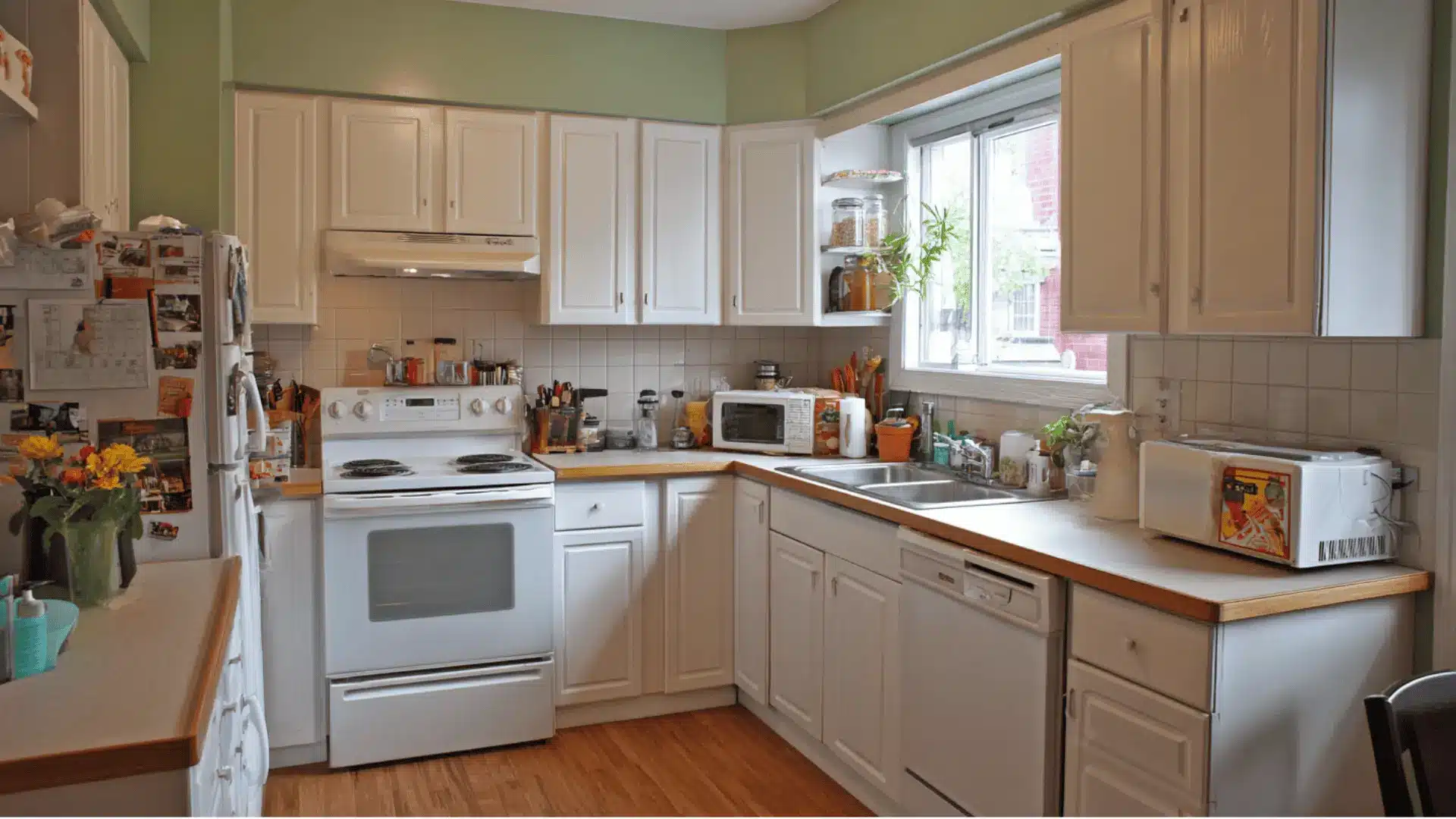 small <echighlighted>u shaped kitchen</echighlighted> white cabinets sage green walls wood countertops and window centered sink