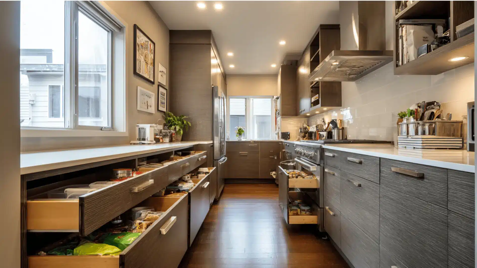 u shaped kitchen gray cabinets deep drawer storage open pull out organizers white countertops and wood floors