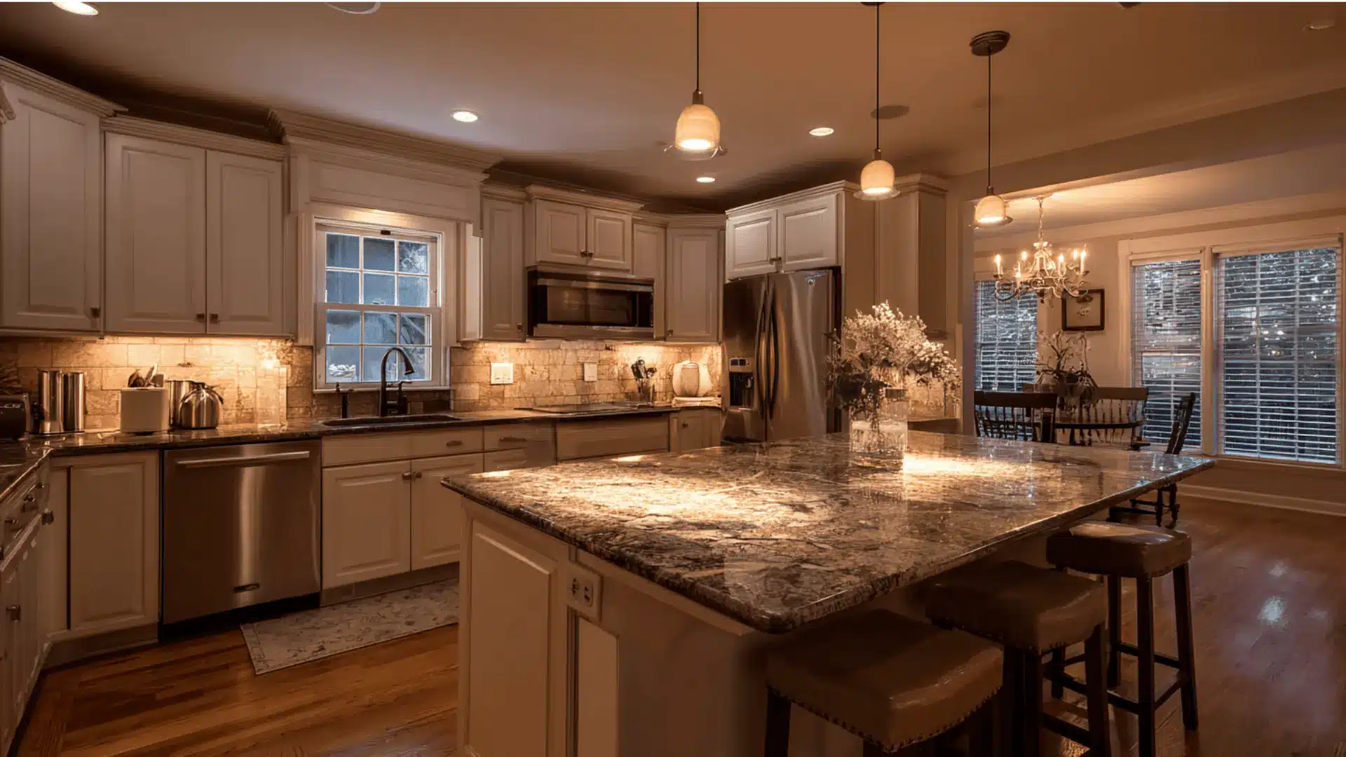 u shaped kitchen cream cabinets granite island accent lighting stone backsplash and hardwood floors