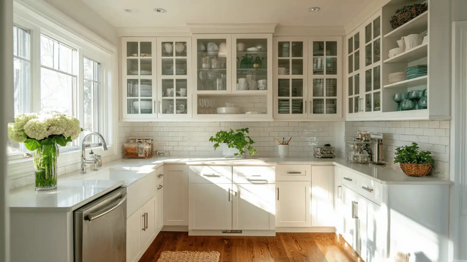 u shaped kitchen white shaker cabinets glass front uppers subway tile backsplash quartz countertops and wood flooring