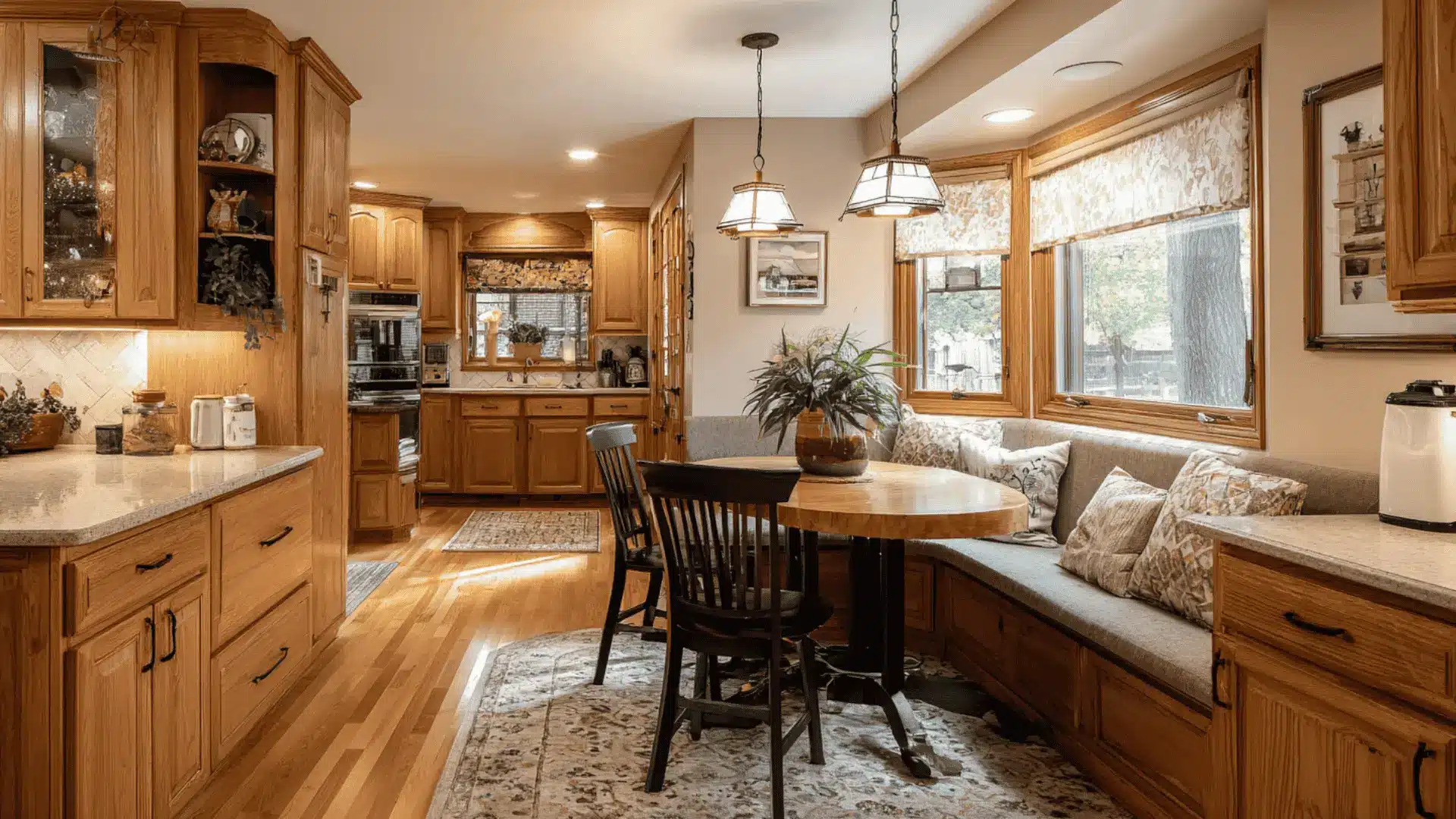 u shaped kitchen oak cabinets integrated dining nook round table pendant lights and wood flooring
