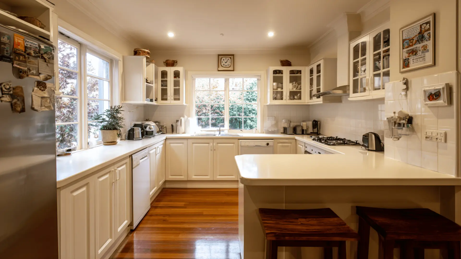 u shaped kitchen white cabinets glass front uppers open end breakfast counter wood stools and hardwood floors