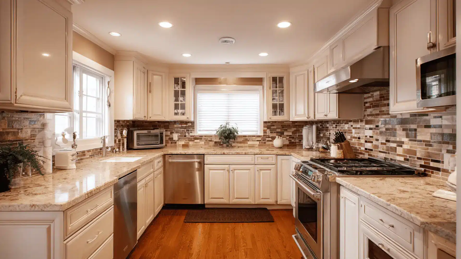 u shaped kitchen cream cabinets granite countertops mosaic tile backsplash stainless steel appliances and wood flooring
