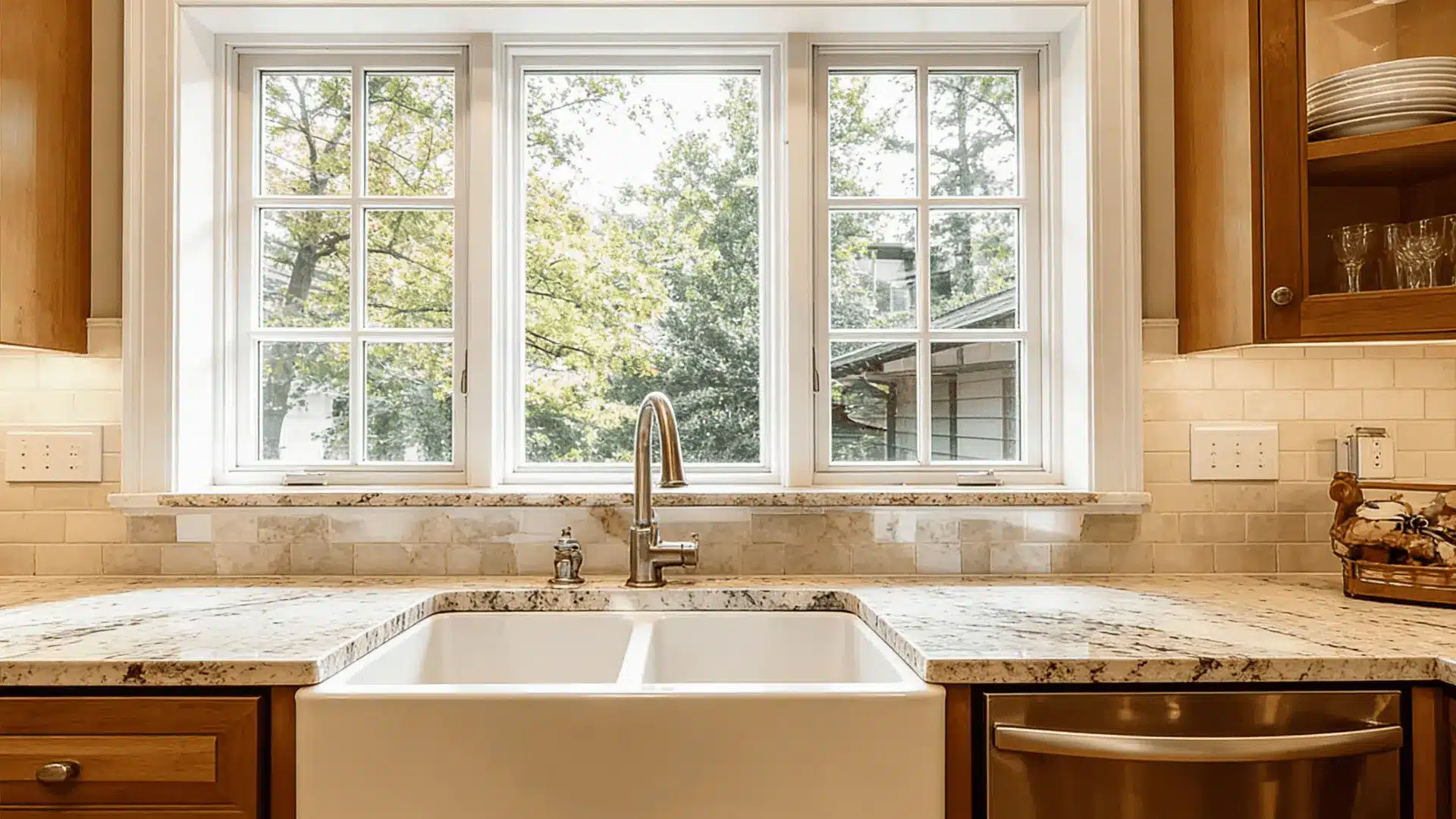 u shaped kitchen window centered farmhouse sink granite countertops subway tile backsplash and wood cabinets