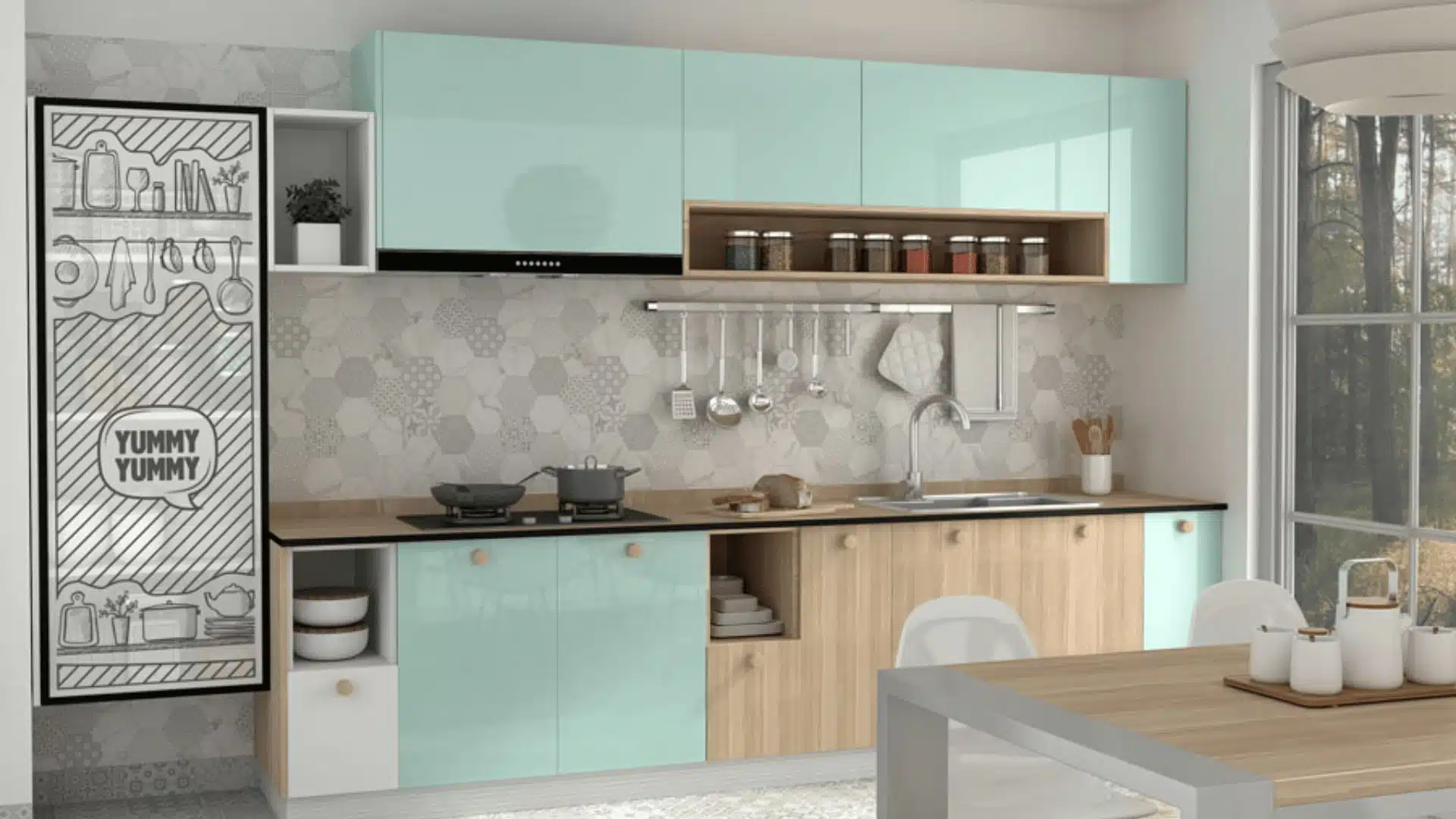 Modern kitchen with mint green lacquer finish wood cabinets, a hexagonal tile backsplash, and a dining table