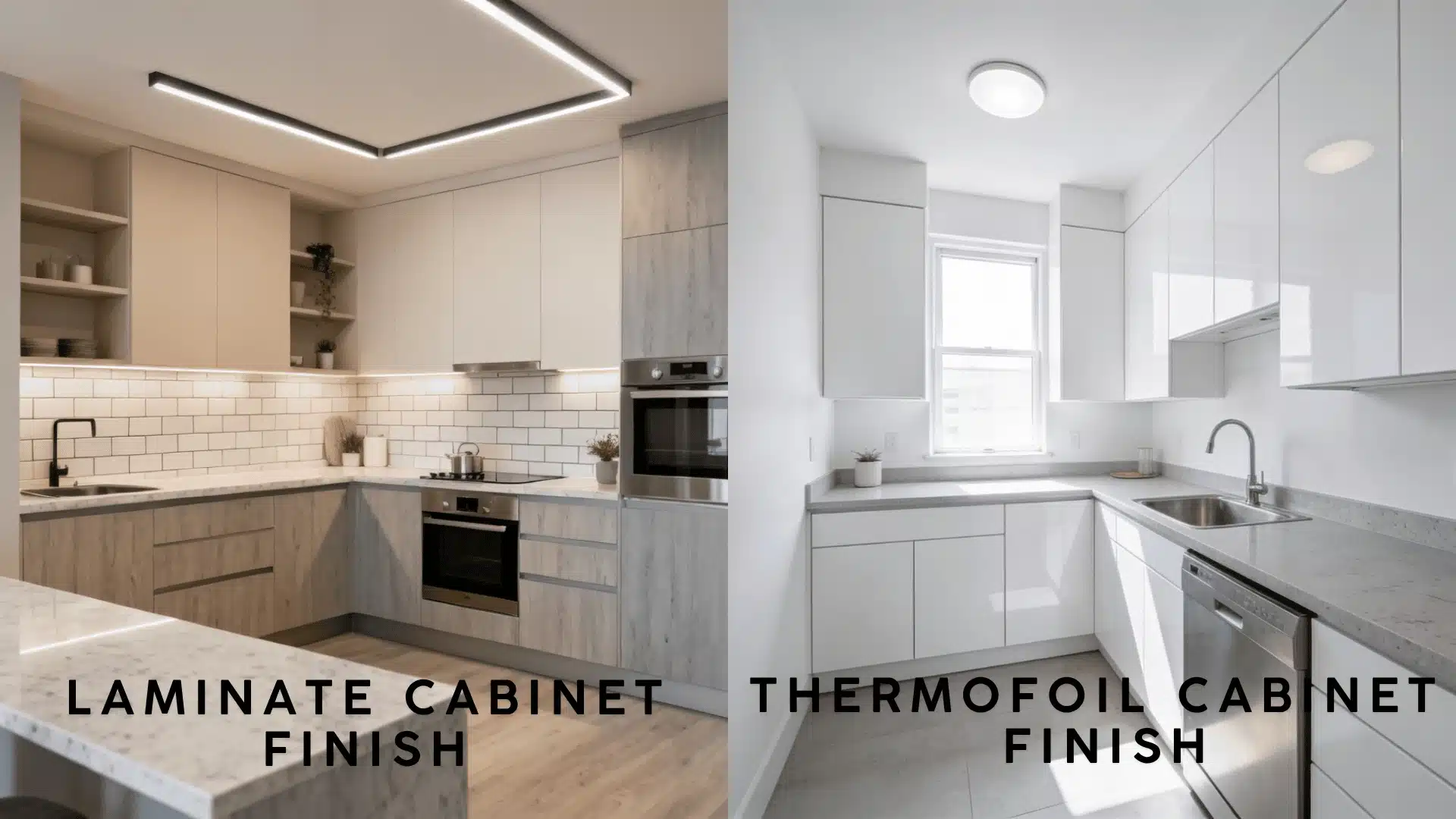 Side-by-side comparison of modern kitchens with laminate and white thermofoil cabinet finishes
