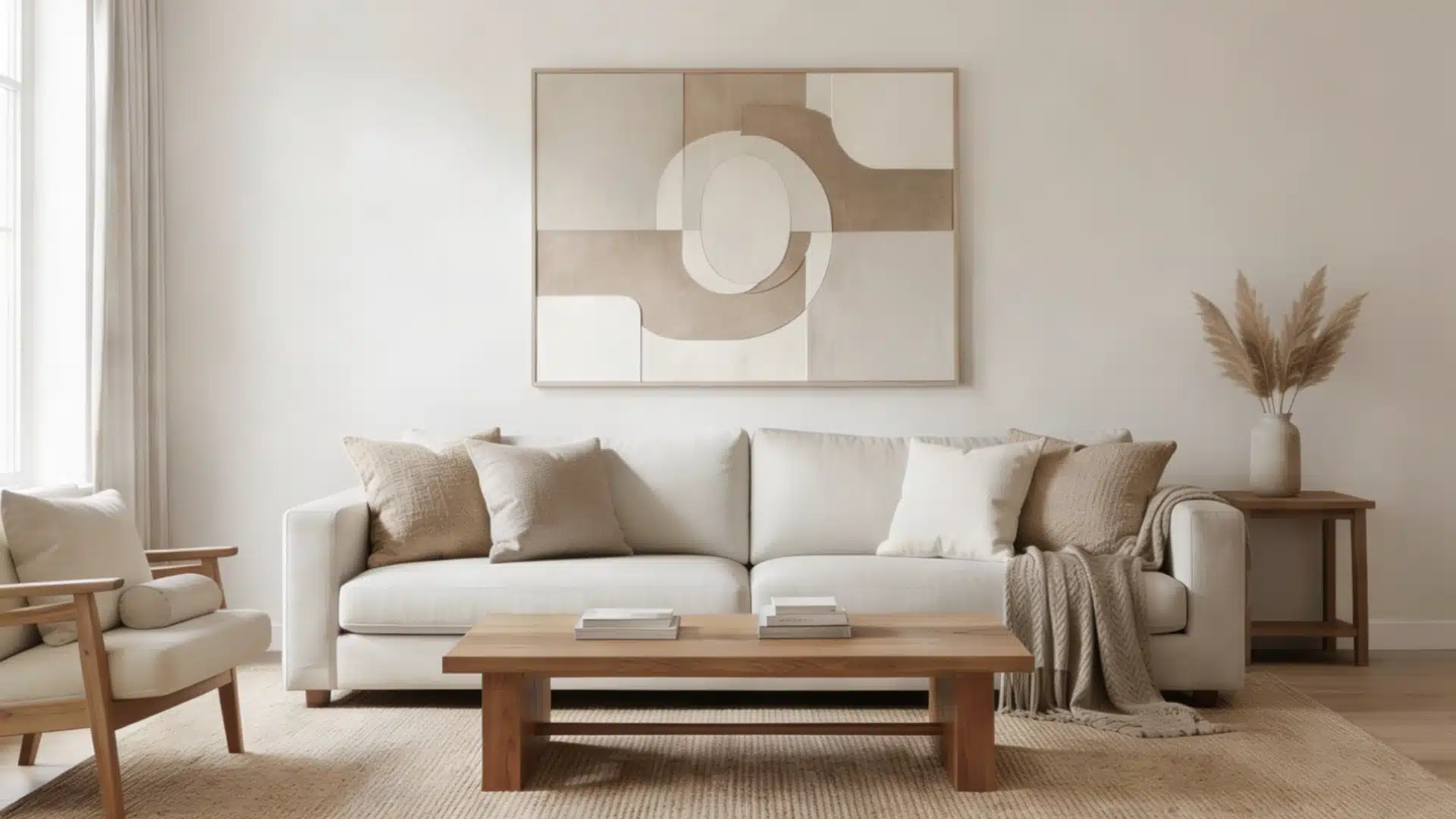 McGee style living room featuring a white sofa, wooden coffee table, abstract beige wall art, and pampas grass accent