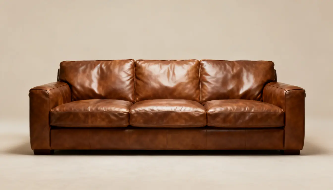 A plush, brown leather three-seater sofa sits against a plain, beige background.