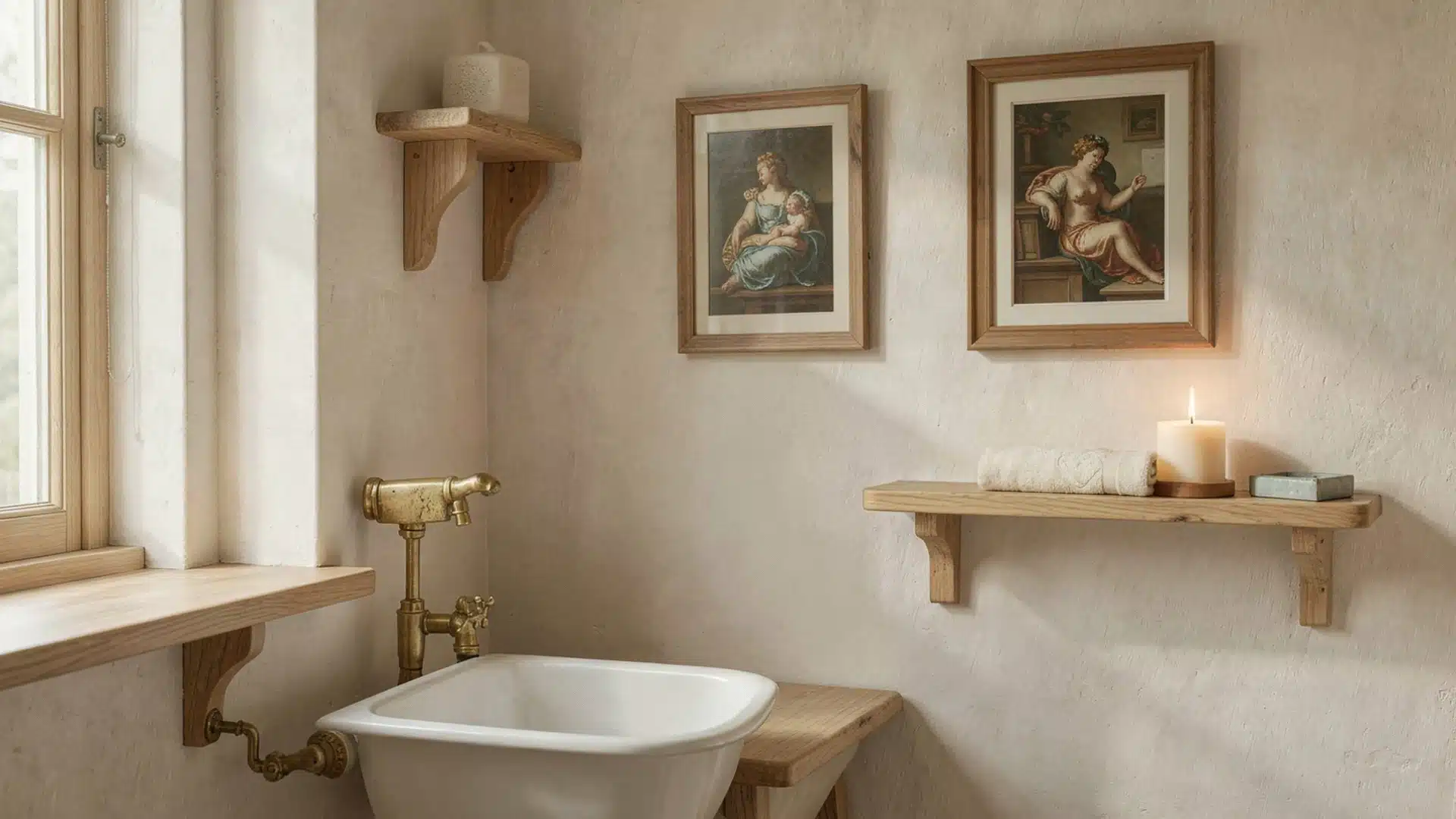 Light academia bathroom with a clawfoot tub, brass fixtures, framed classical paintings, and wooden shelves