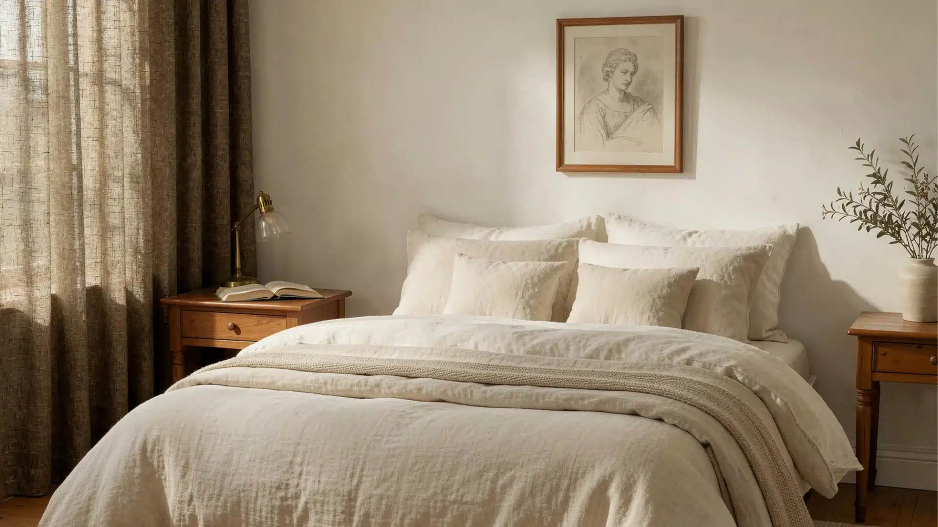 Light academia bedroom with a neatly made bed, bedside tables, sheer curtains, and framed artwork