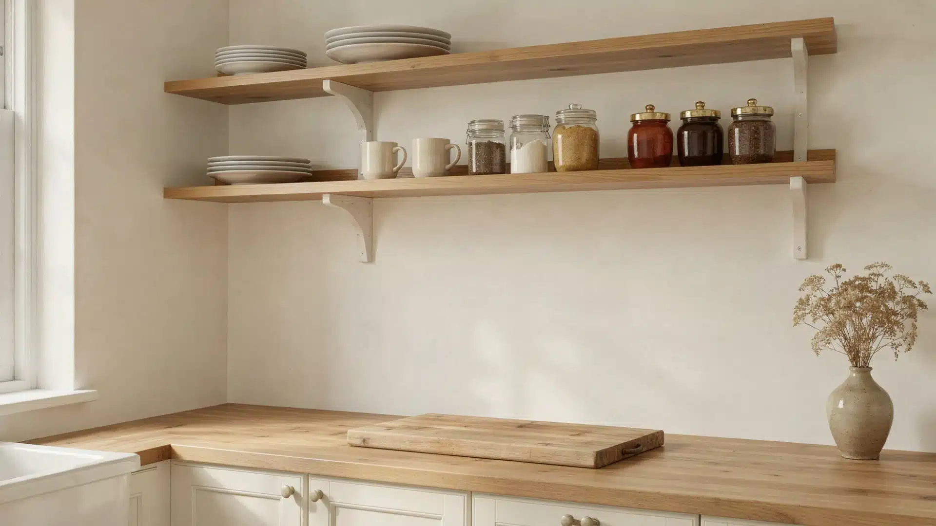 Light academia kitchen with a wooden cutting board, shelves holding plates and jars of food, and a vase of dried flowers