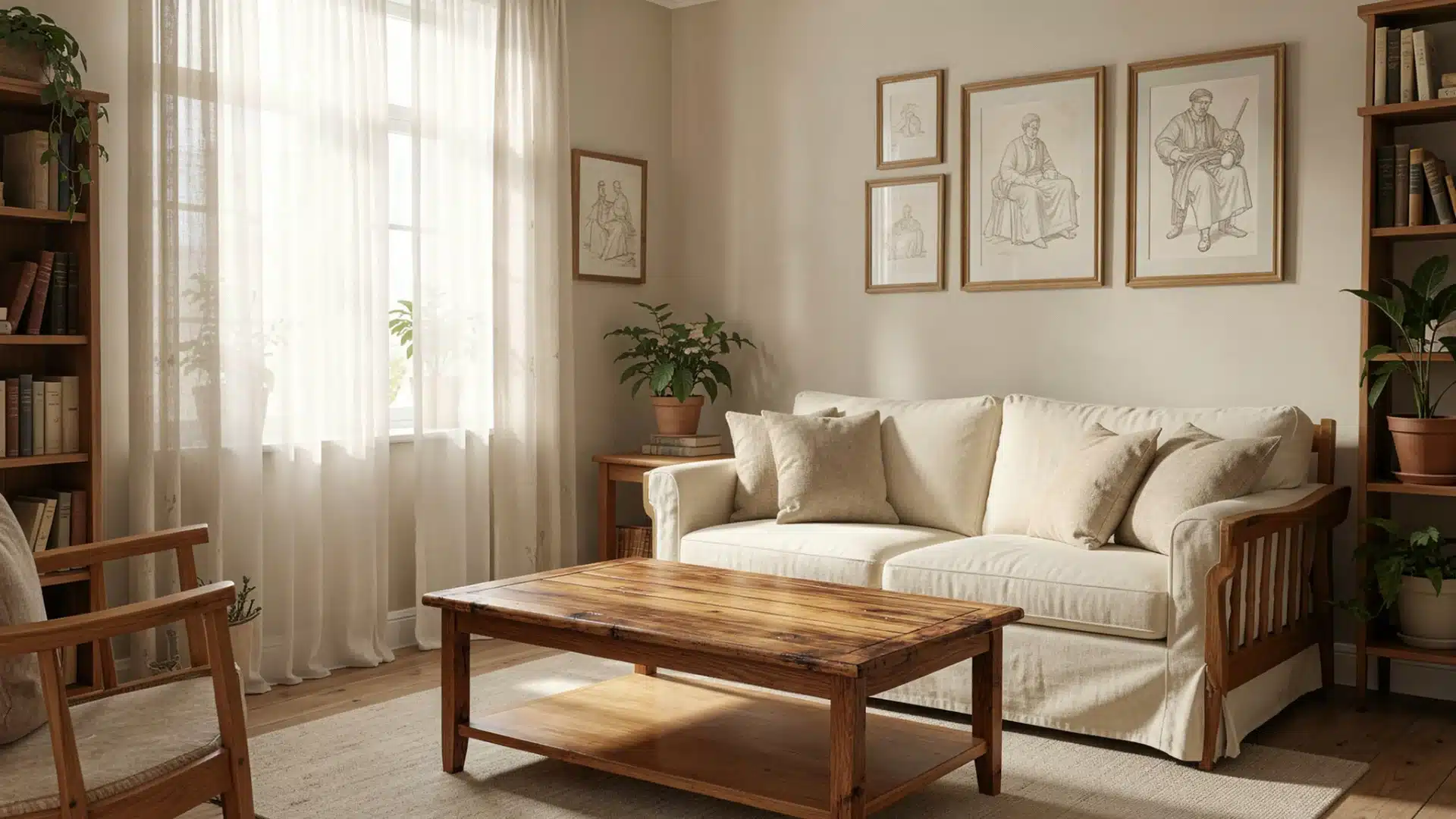 Light academia living room with a light colored sofa, wooden coffee table, and framed art on the wall