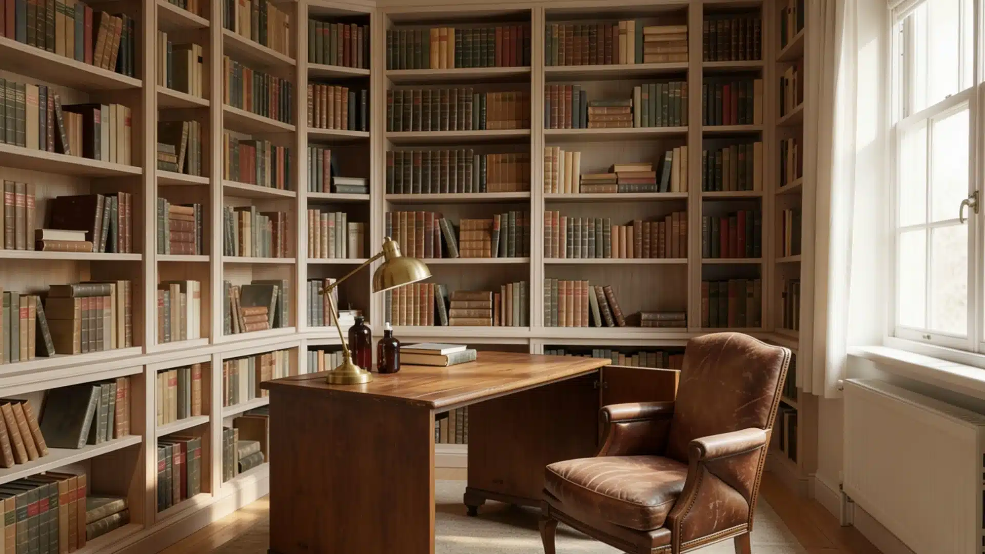Light academia study room with a large wooden desk, a leather armchair, and bookshelves filled with vintage books