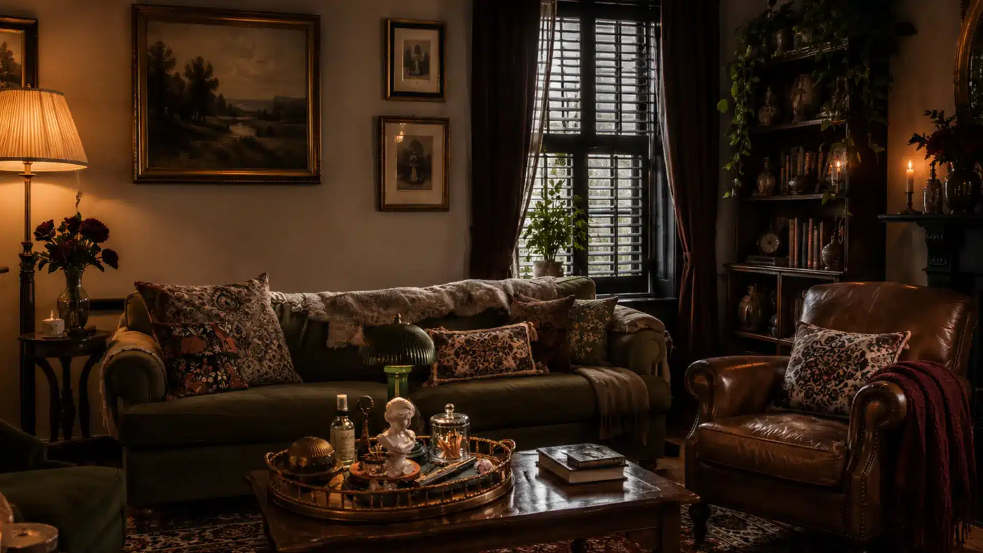 dark academia living room brown leather sofa layered rugs oil paintings amber lighting
