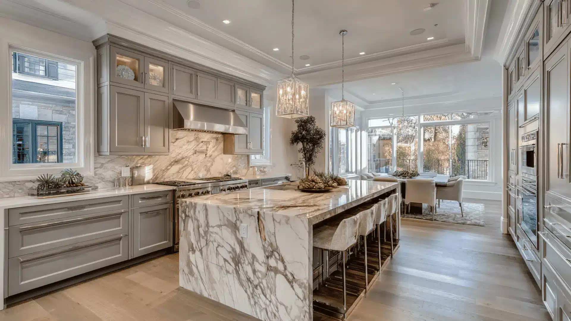 luxury <echighlighted>u shaped kitchen</echighlighted> gray cabinets marble island crystal pendant lights stainless range and light wood floors