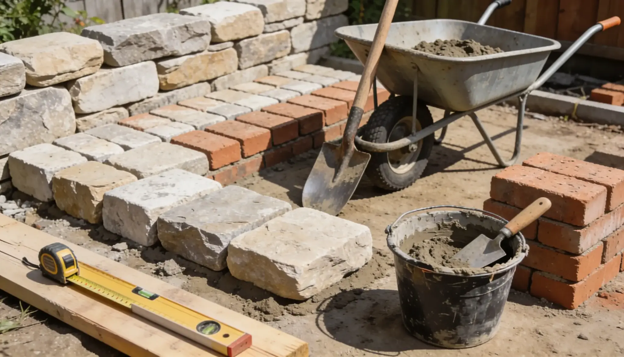 Construction scene with paving stones, bricks, wheelbarrow, shovel, level, and tape measure.