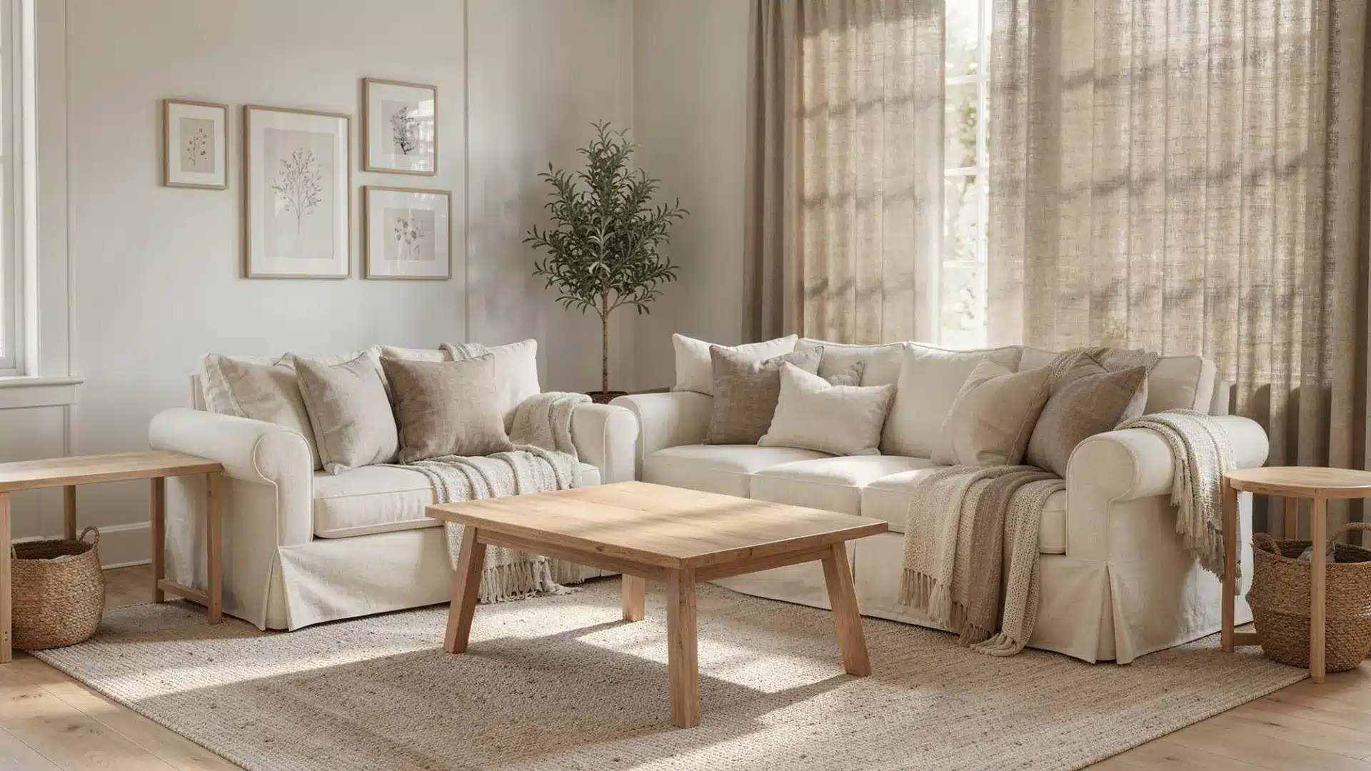McGee style living room featuring two creamy slipcovered sofas, a light wood coffee table, and textured beige rug