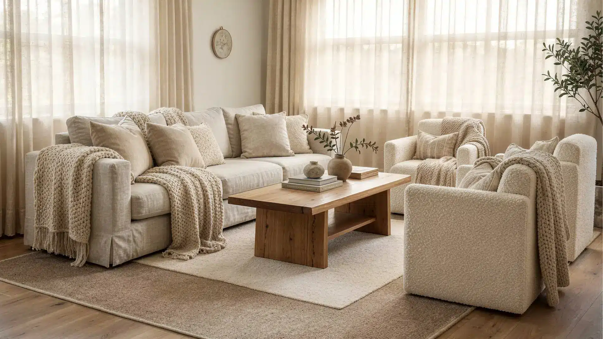 McGee style living room featuring a large sofa, two textured armchairs, a rustic wooden coffee table, and knit throws