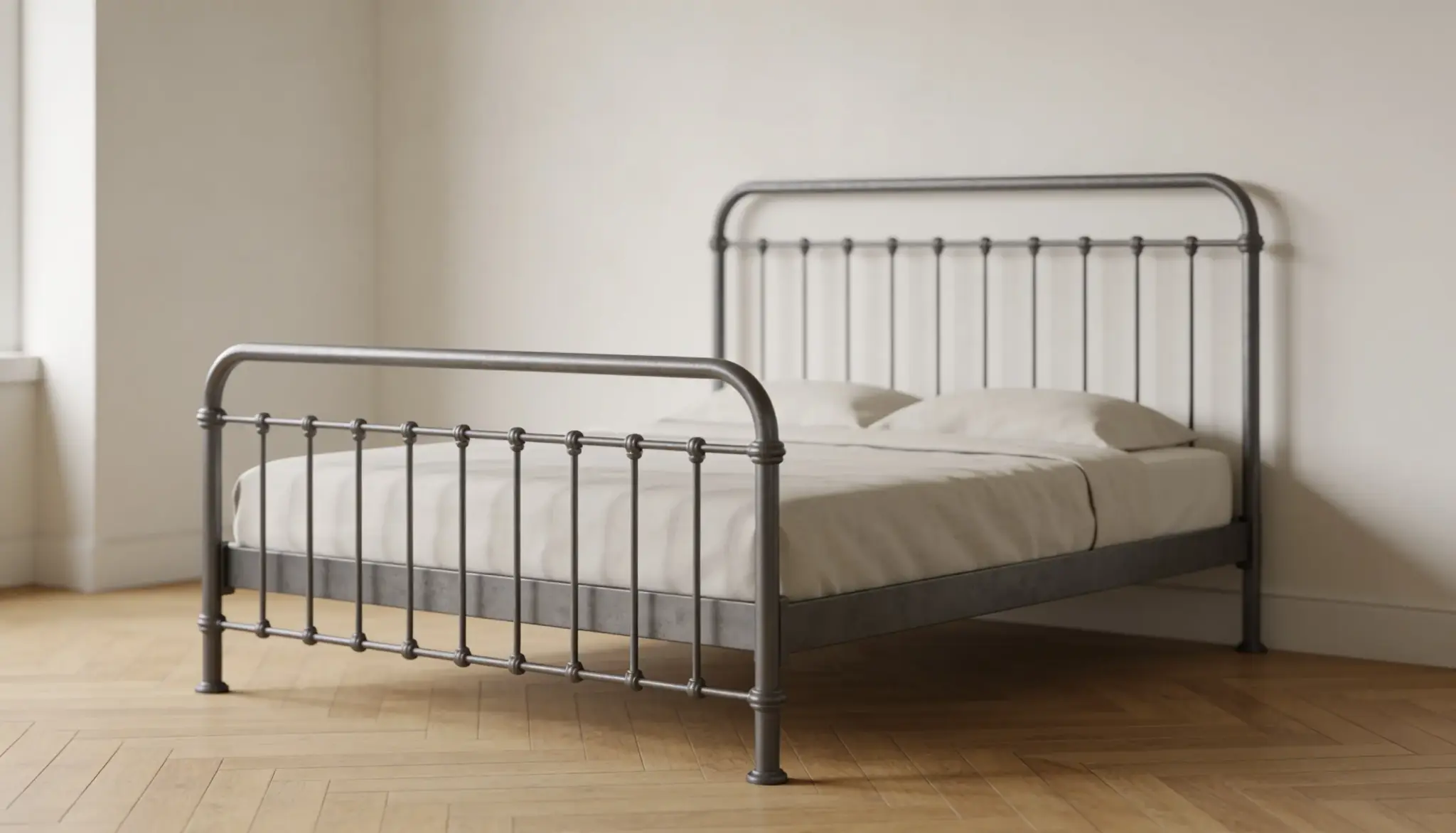 A vintage-style metal bed frame with white bedding sits on a herringbone wood floor next to a light-colored wall.