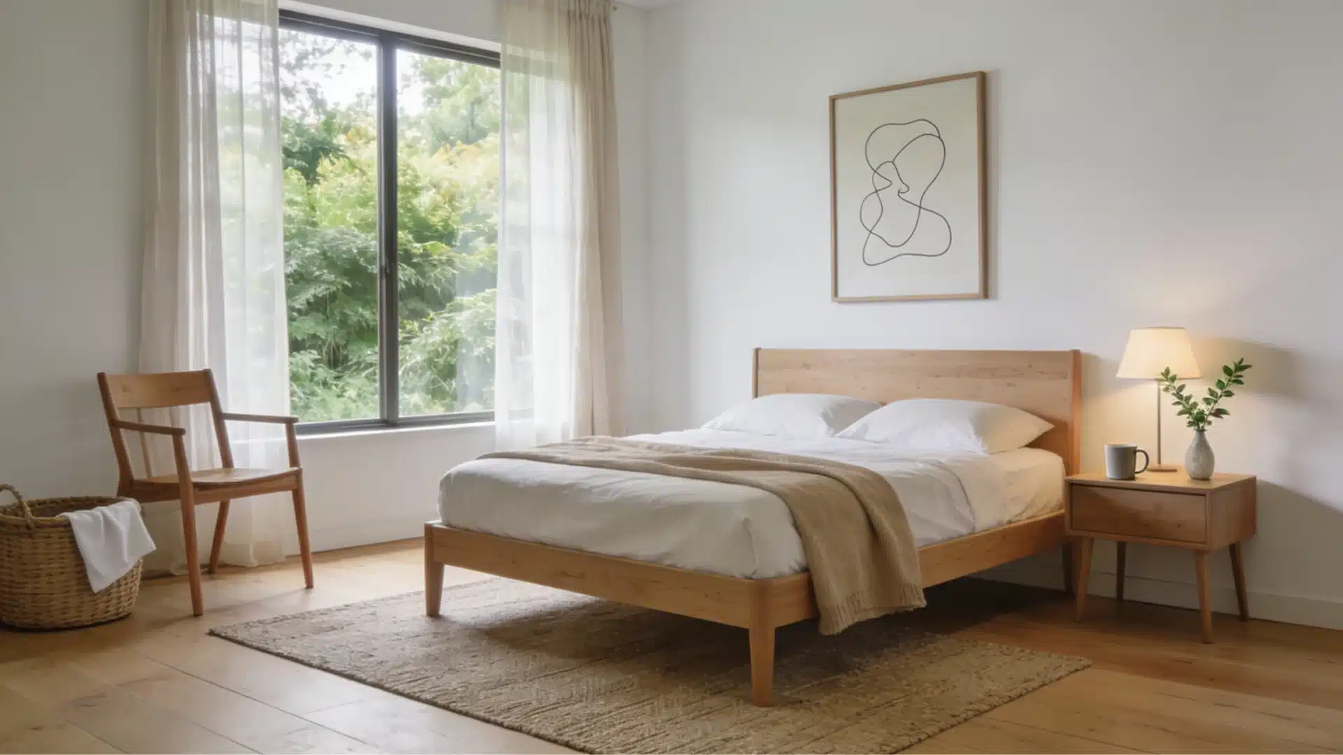 Minimalist bedroom featuring a light wood bed frame, white bedding, a large window overlooking greenery, and a framed abstract line art print