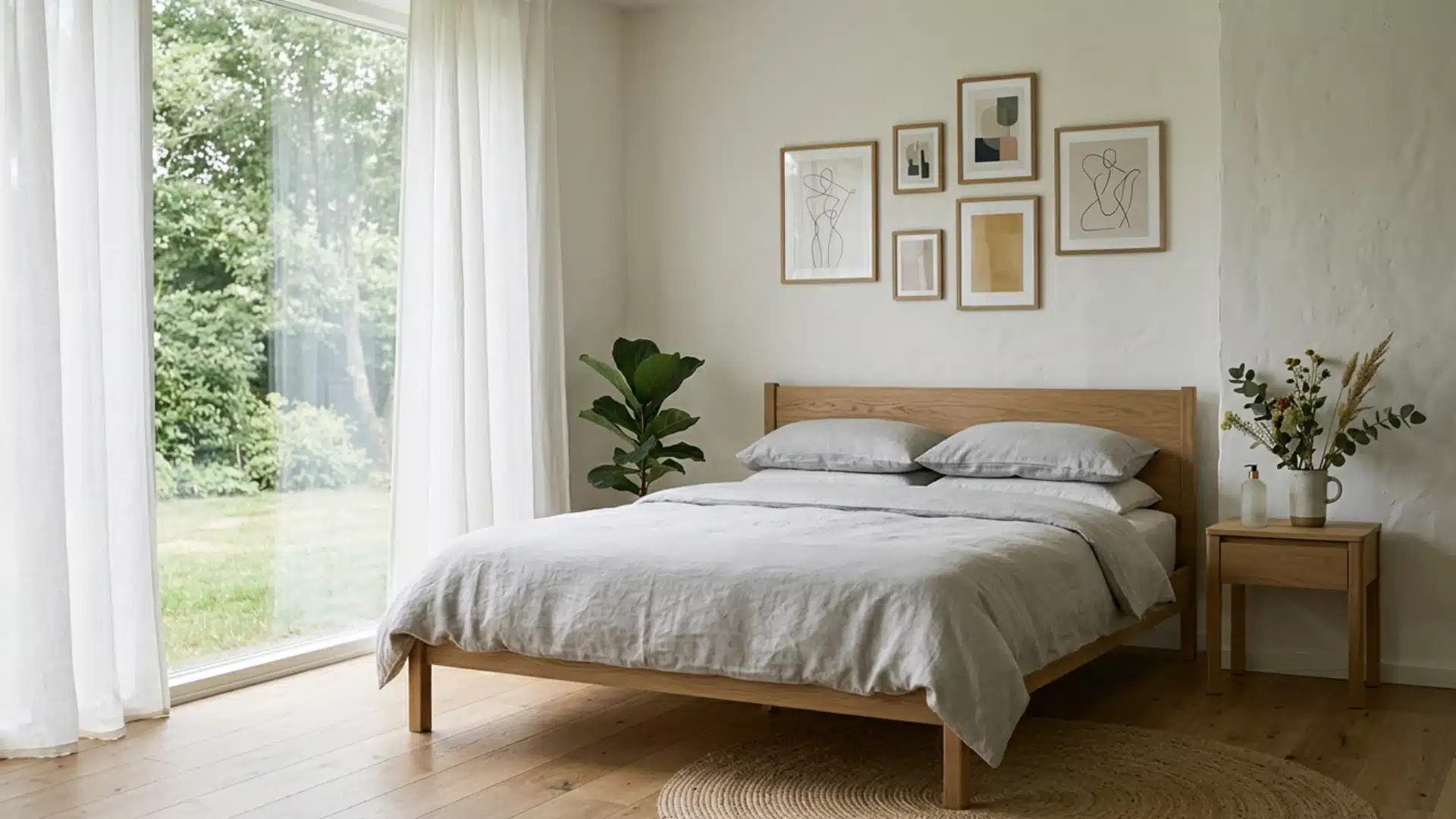 Minimalist bedroom featuring a light wood frame bed with grey linen bedding, a gallery wall of abstract art, and a large window overlooking greenery