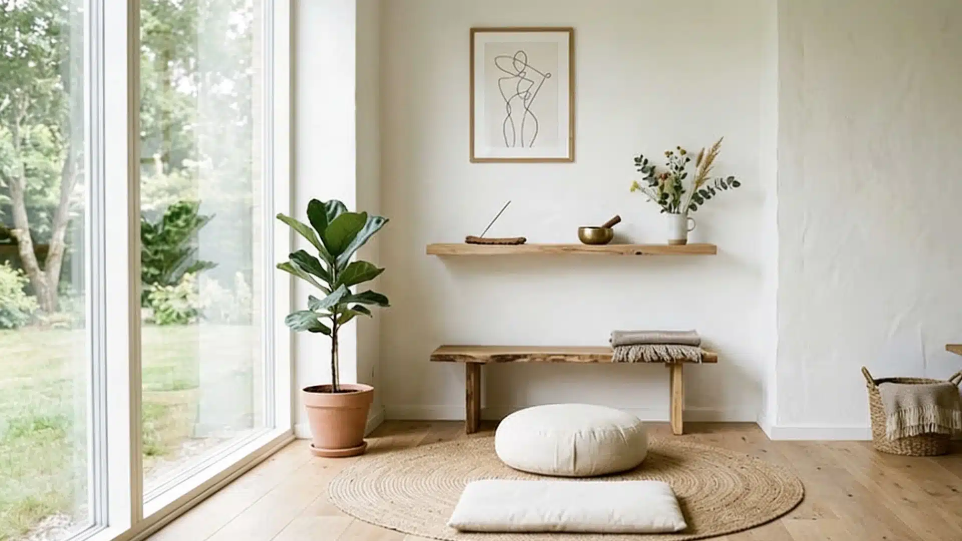 Minimalist indoor meditation space with natural wood accents, a fiddle-leaf fig plant by a large window overlooking greenery, and a round jute rug with meditation cushions