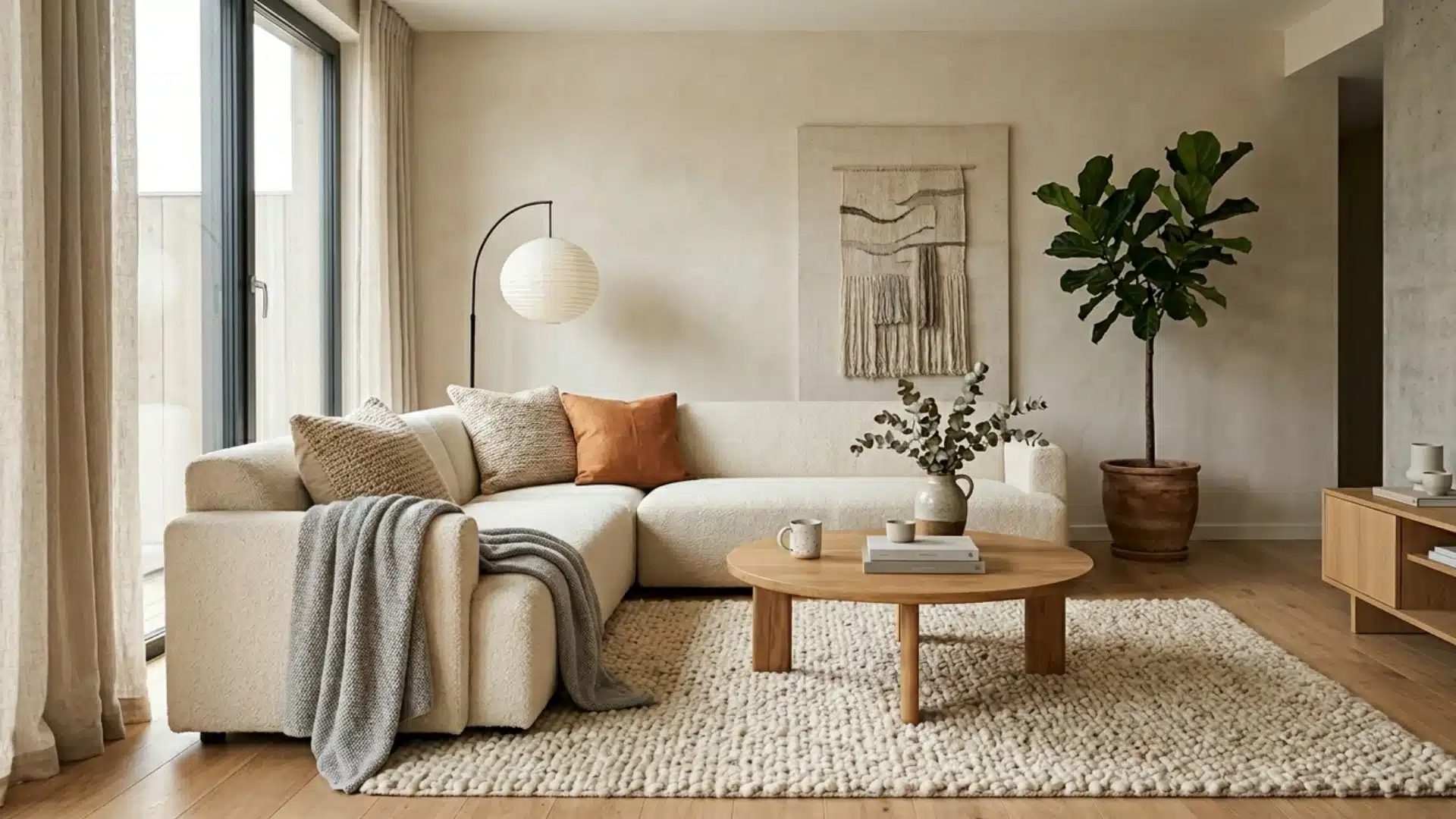 Minimalist living room featuring a cream sectional sofa, round wooden coffee table, thick textured rug, and a tall fiddle-leaf fig plant