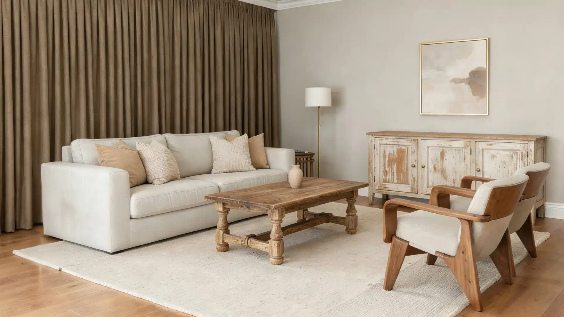McGee style living room featuring a sofa, rustic coffee table, distressed sideboard, and two mid century modern armchairs