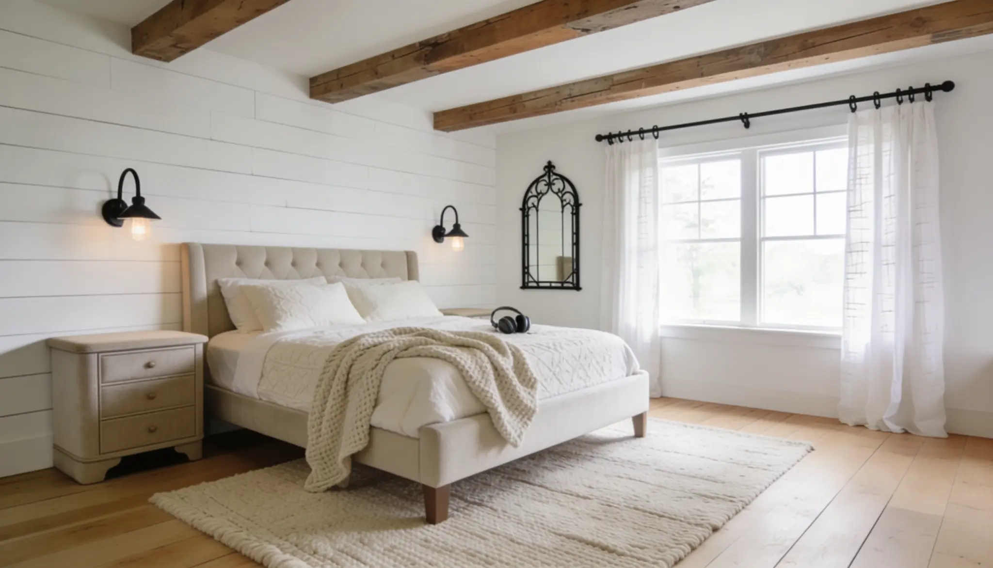 A serene bedroom with white walls complemented by rustic wooden beams, enhancing the room's charm and character.
