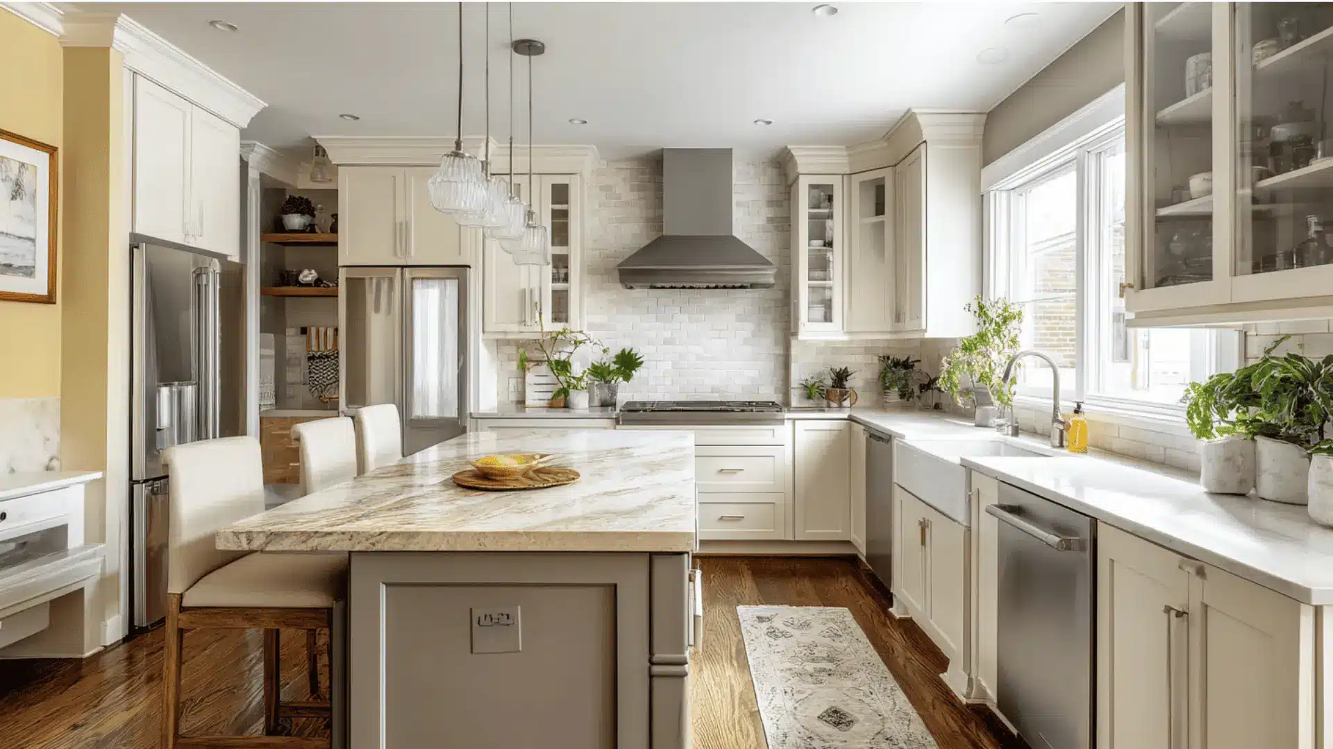 u shaped kitchen cream shaker cabinets marble island pendant lights stone backsplash and hardwood floors