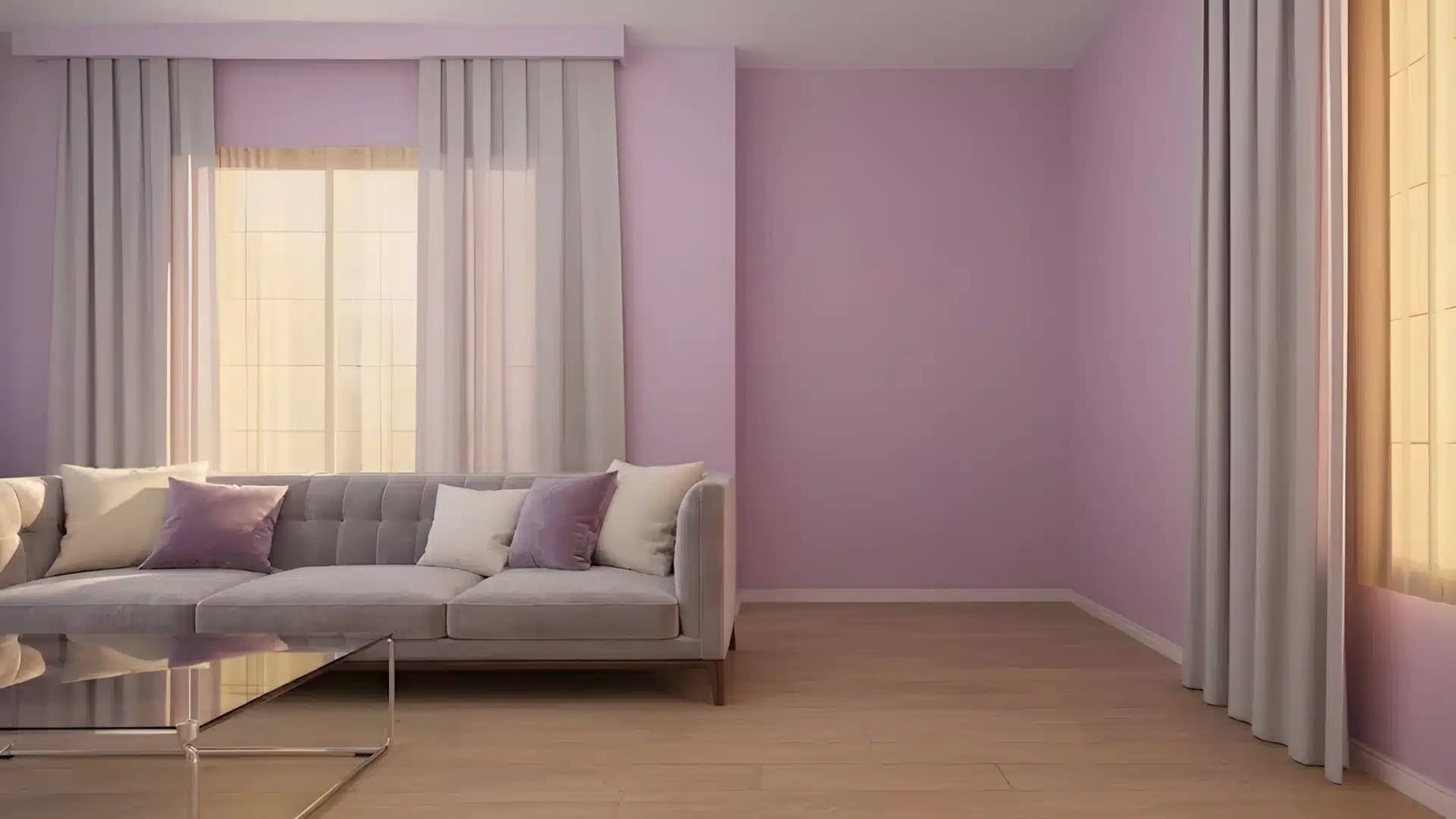 Modern living room interior featuring lilac walls, light wood flooring, a gray tufted sofa with lavender and cream pillows, and sheer white curtains covering large windows