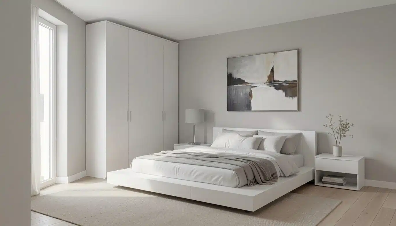 Modern minimalist bedroom featuring a white bed, stylish lamp, and abstract wall art, designed for comfort and tranquility.