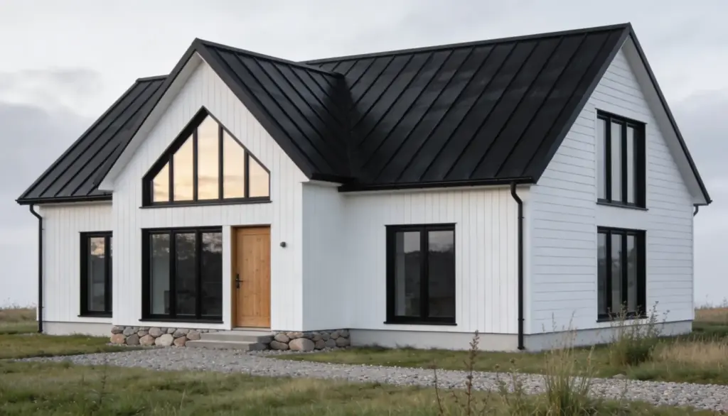 Modern white Scandinavian farmhouse featuring a black metal roof, dark framed windows, and a natural wood front door.